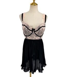 Torrid Babydoll Chemise 2 Black Pink Lace Mesh Underwire Ruffle Lingerie Boudoir